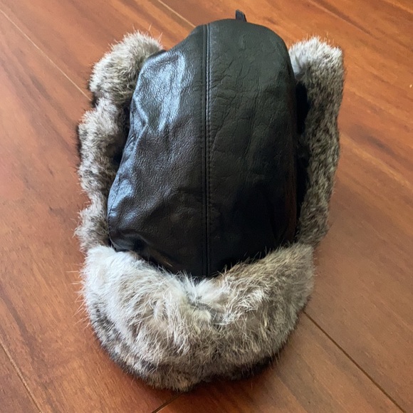 Leather rabbit fur Crown cap aviator winter hat. Like new condition. Super warm. - Picture 2 of 9
